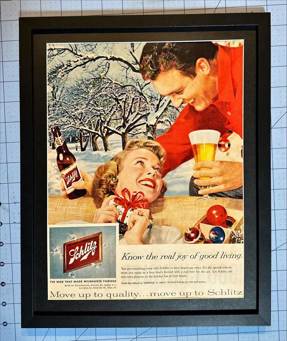 FRAMED Schlitz Beer 1959 Vintage Print Ad Retro Couple Christmas Snow Beer